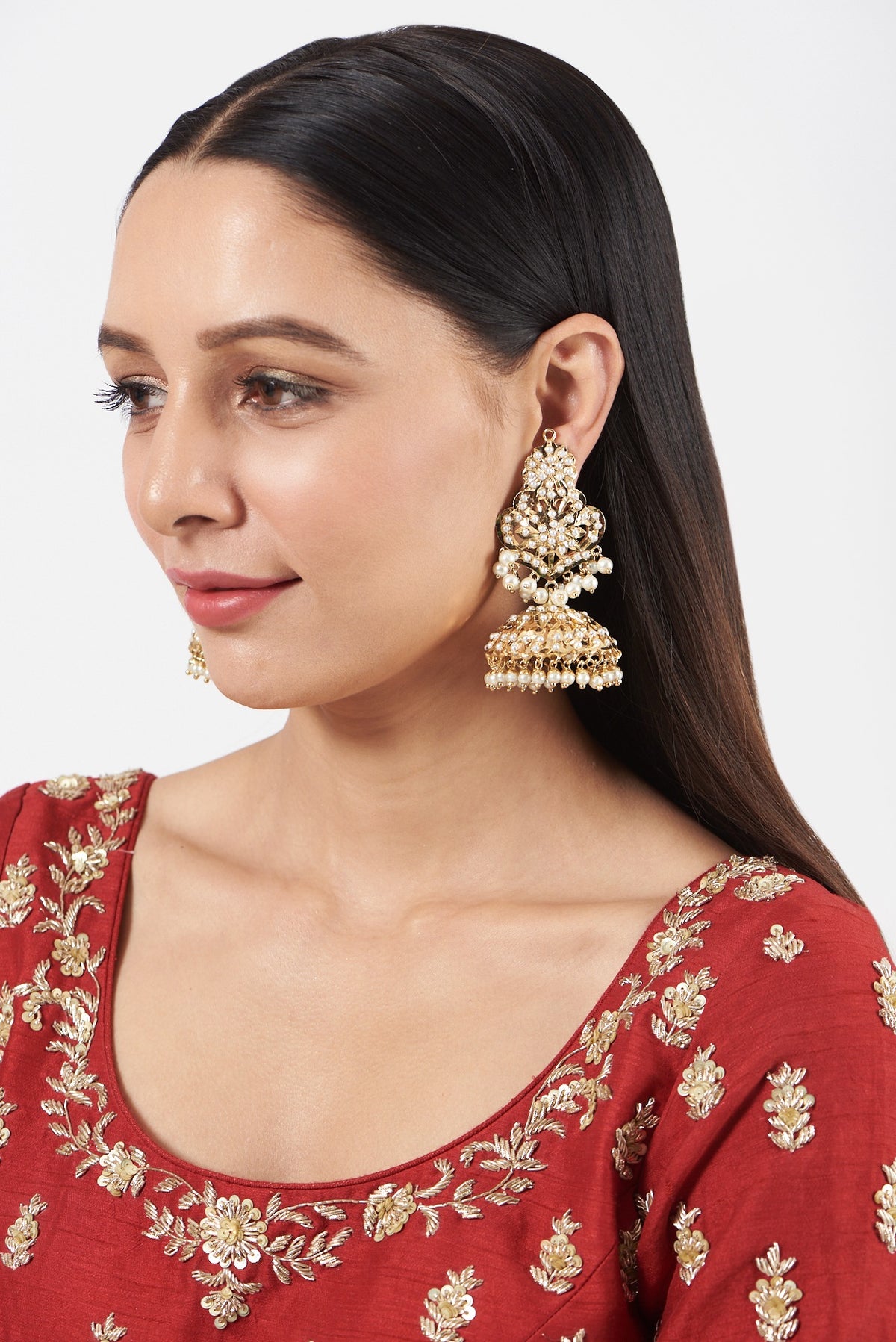 Gold Finish Kundan Polki & Beaded Jhumka Earrings