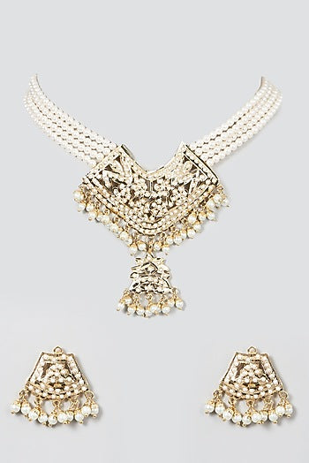 Gold Finish Kundan Polki & Pearl Necklace Set