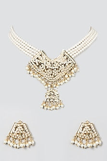 Gold Finish Kundan Polki & Pearl Necklace Set