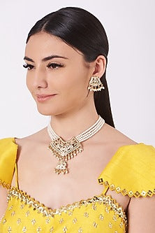 Gold Finish Kundan Polki & Pearl Necklace Set