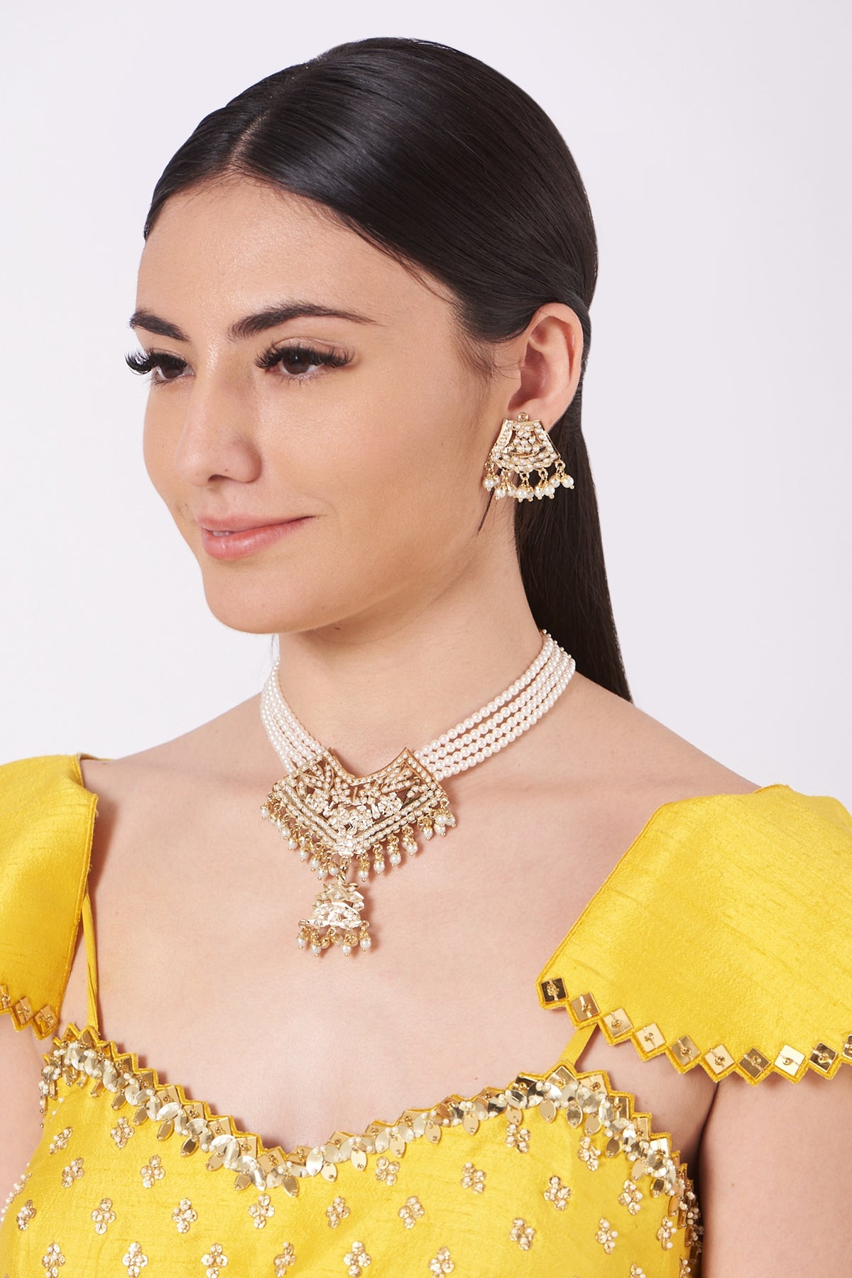 Gold Finish Kundan Polki & Pearl Necklace Set