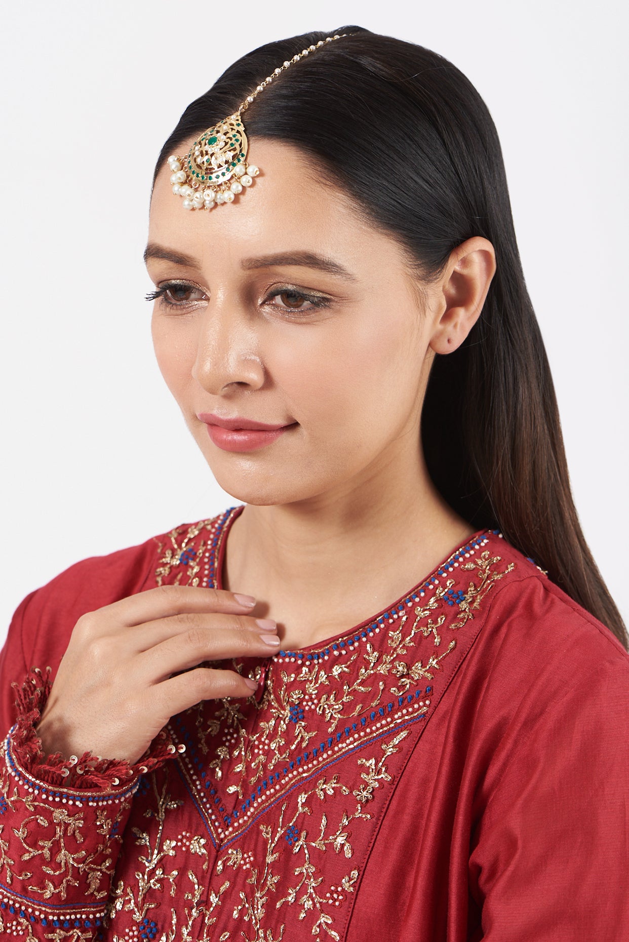 Gold Finish Kundan Polki & Pearl Drop Maangtikka