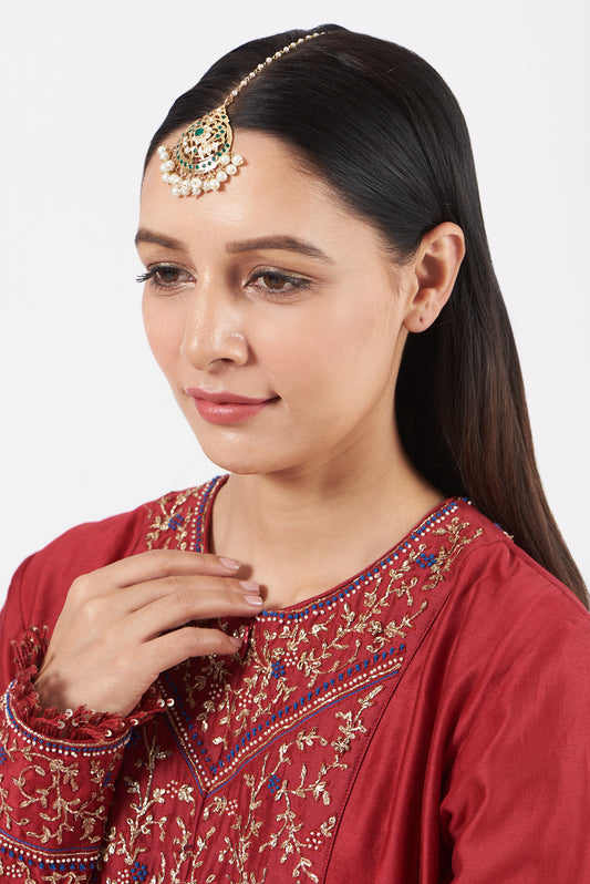 Gold Finish Kundan Polki & Pearl Drop Maangtikka