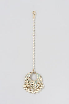 Gold Finish Kundan Polki & Pearl Drop Maangtikka
