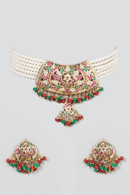 Gold Finish Pearl & Kundan Polki Choker Necklace Set