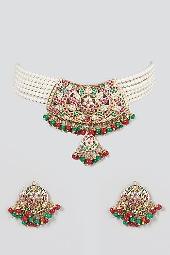 Gold Finish Pearl & Kundan Polki Choker Necklace Set