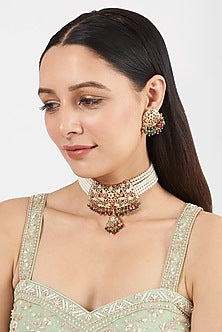 Gold Finish Pearl & Kundan Polki Choker Necklace Set
