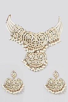 Gold Finish Pearl & Kundan Polki Choker Necklace Set