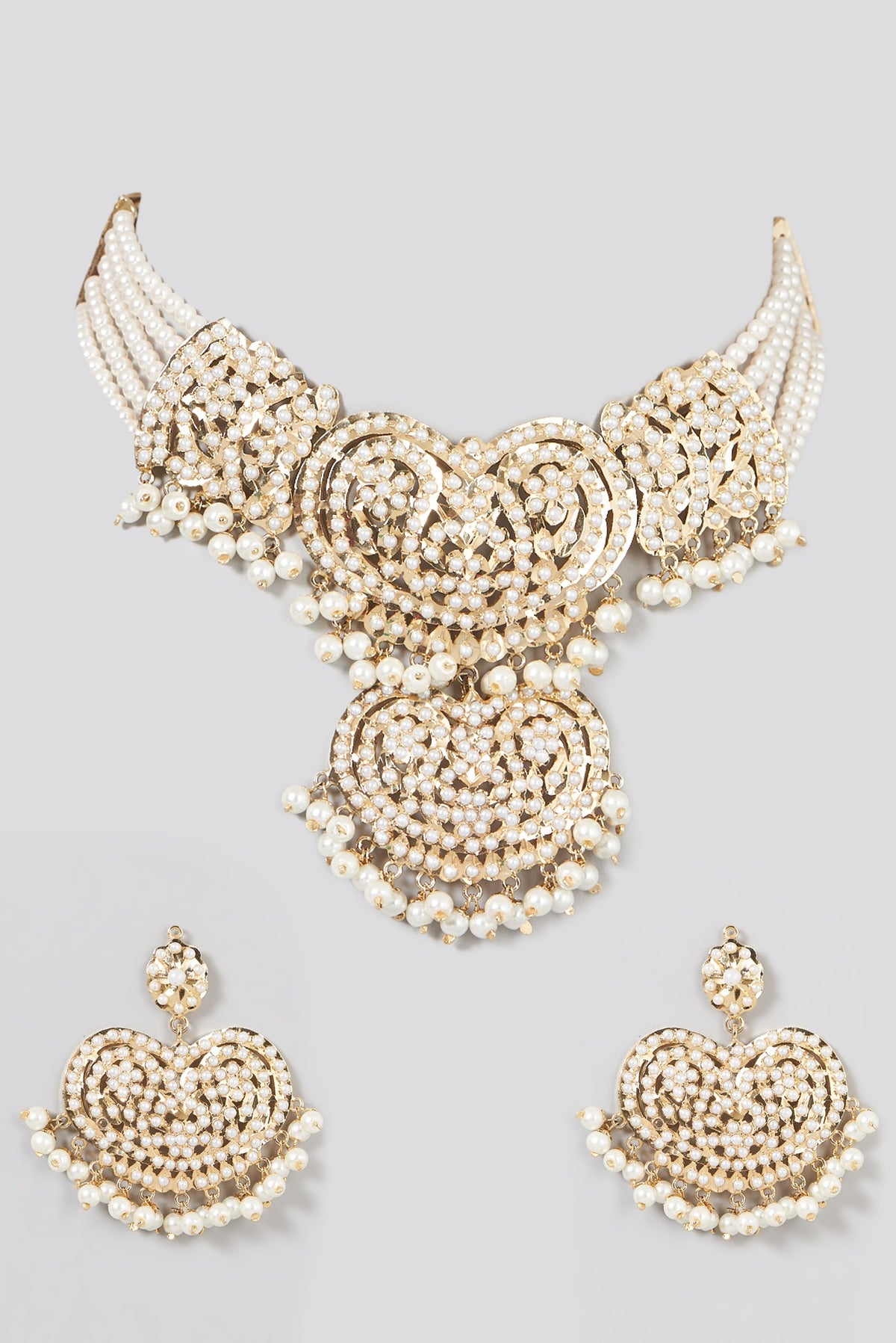 Gold Finish Pearl & Kundan Polki Choker Necklace Set