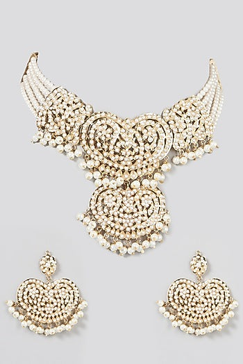 Gold Finish Pearl & Kundan Polki Choker Necklace Set