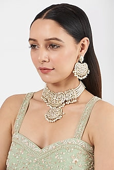 Gold Finish Pearl & Kundan Polki Choker Necklace Set