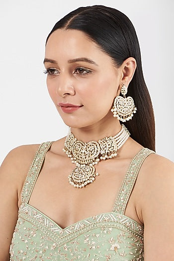 Gold Finish Pearl & Kundan Polki Choker Necklace Set