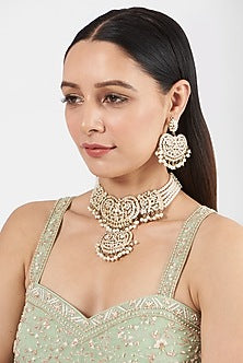 Gold Finish Pearl & Kundan Polki Choker Necklace Set