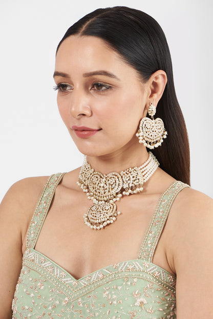Gold Finish Pearl & Kundan Polki Choker Necklace Set