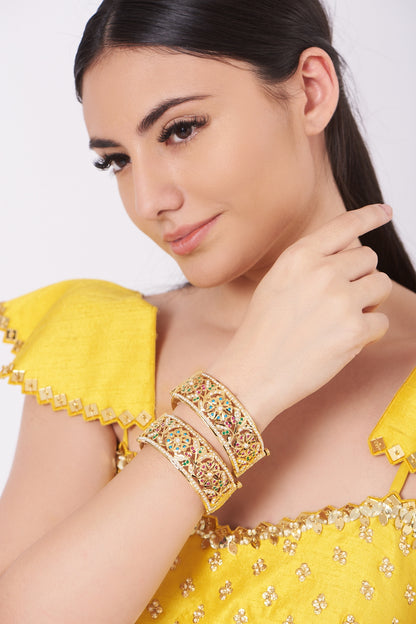 Gold Finish Kundan Polki Bangles (Set of 2)