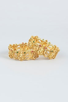 Gold Finish Openable Temple Broad Bangles (Set of 2)