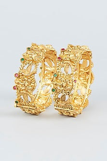 Gold Finish Openable Temple Broad Bangles (Set of 2)