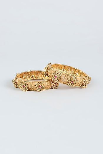 Gold Finish Openable Temple Bangles (Set of 2)