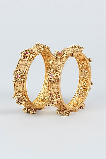 Gold Finish Openable Temple Bangles (Set of 2)