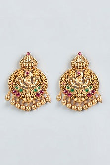 Gold Finish Red & Green Synthetic Stone Temple Motif Earrings
