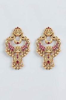 Gold Finish Red Synthetic Stone Temple Earrings