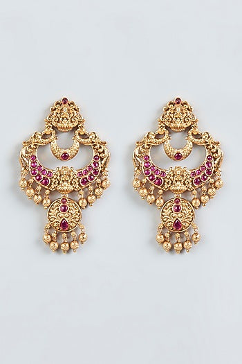 Gold Finish Red Synthetic Stone Temple Earrings