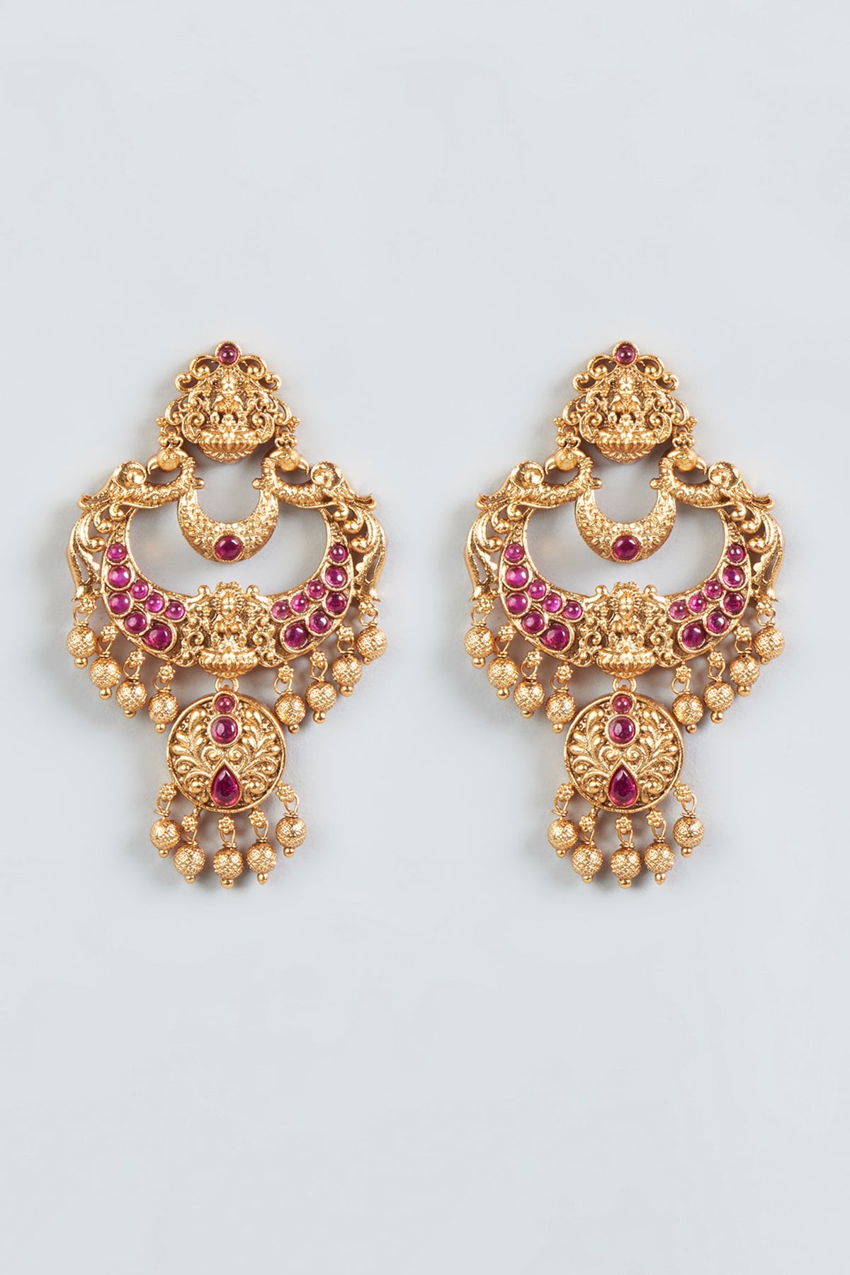 Gold Finish Red Synthetic Stone Temple Earrings