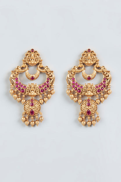 Gold Finish Red Synthetic Stone Temple Earrings