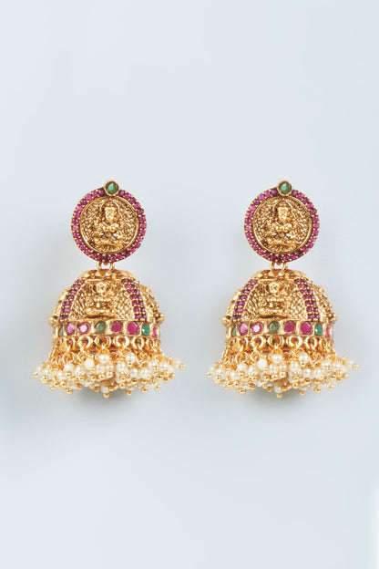 Gold Finish Red Stone & Pearl Temple Jhumka Earrings