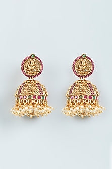 Gold Finish Red Stone & Pearl Temple Jhumka Earrings