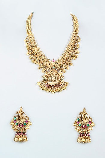 Gold Finish Green & Red Synthetic Stone Long Temple Necklace Set
