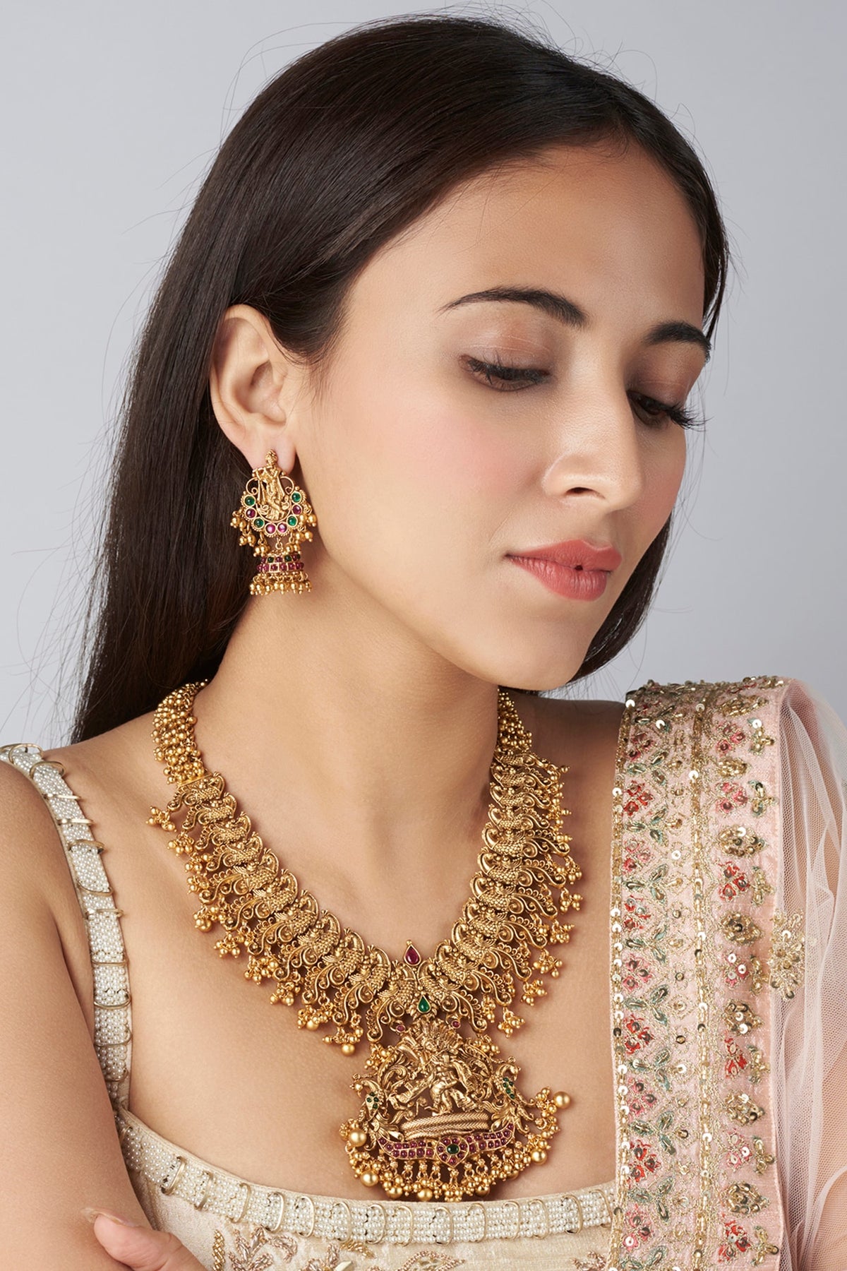 Gold Finish Green & Red Synthetic Stone Long Temple Necklace Set