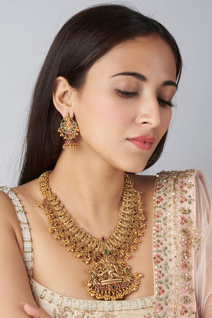 Gold Finish Green & Red Synthetic Stone Long Temple Necklace Set