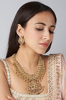 Gold Finish Green & Red Synthetic Stone Long Temple Necklace Set