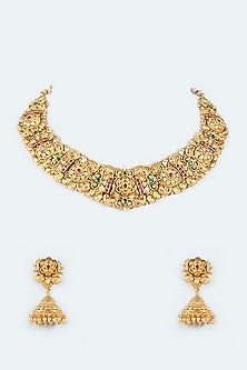 Gold Finish Green & Red Synthetic Stone Temple Necklace Set
