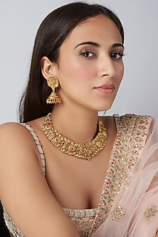 Gold Finish Green & Red Synthetic Stone Temple Necklace Set
