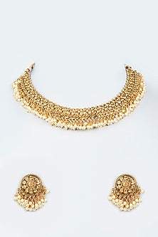 Gold Finish Pearl Choker Temple Necklace Set
