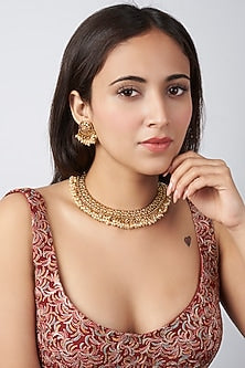 Gold Finish Pearl Choker Temple Necklace Set