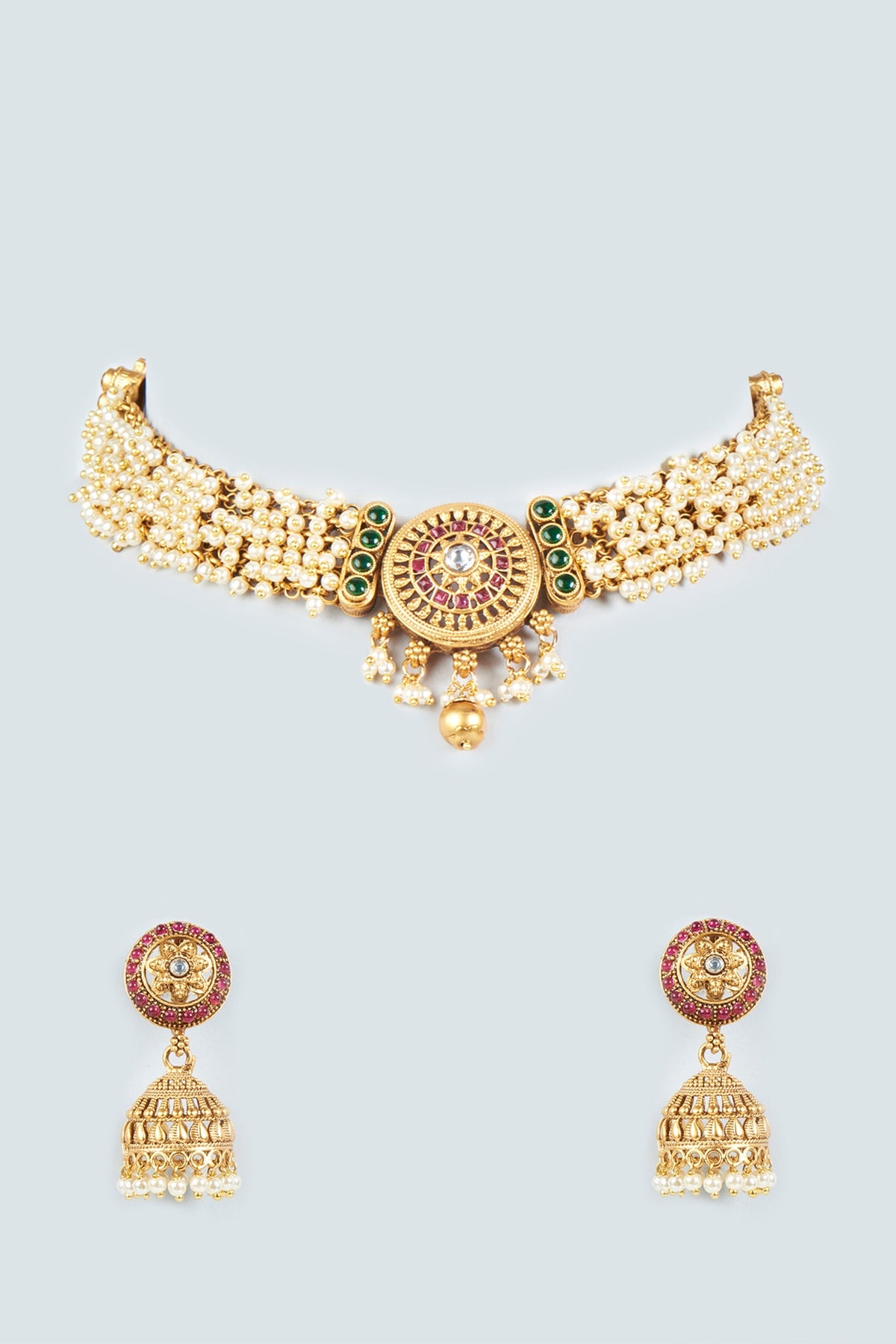 Gold Finish Synthetic Stone & Pearl Choker Necklace Set