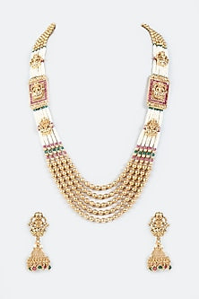 Gold Finish Temple Synthetic Stone & Pearl Temple Necklace Set