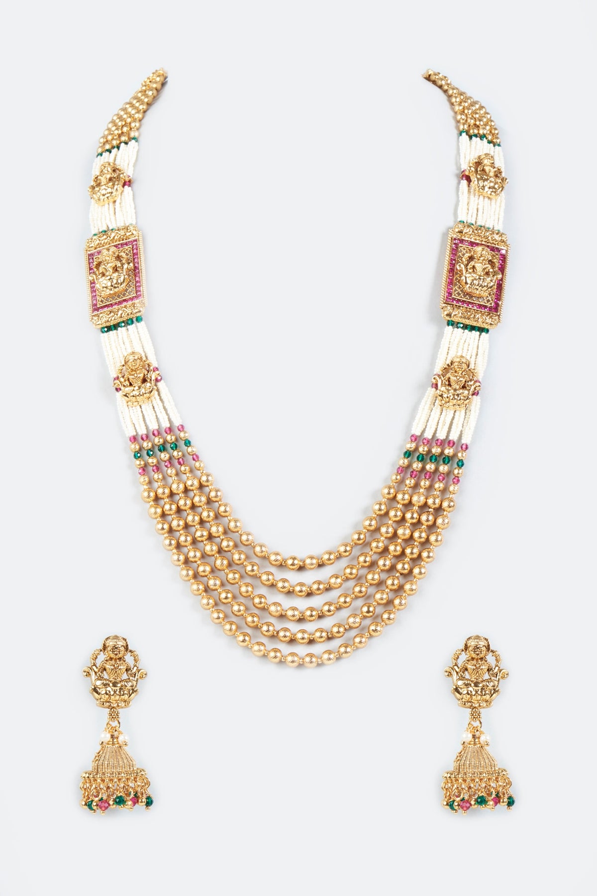 Gold Finish Temple Synthetic Stone & Pearl Temple Necklace Set