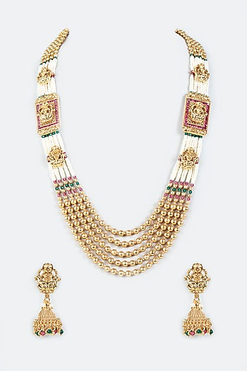 Gold Finish Temple Synthetic Stone & Pearl Temple Necklace Set