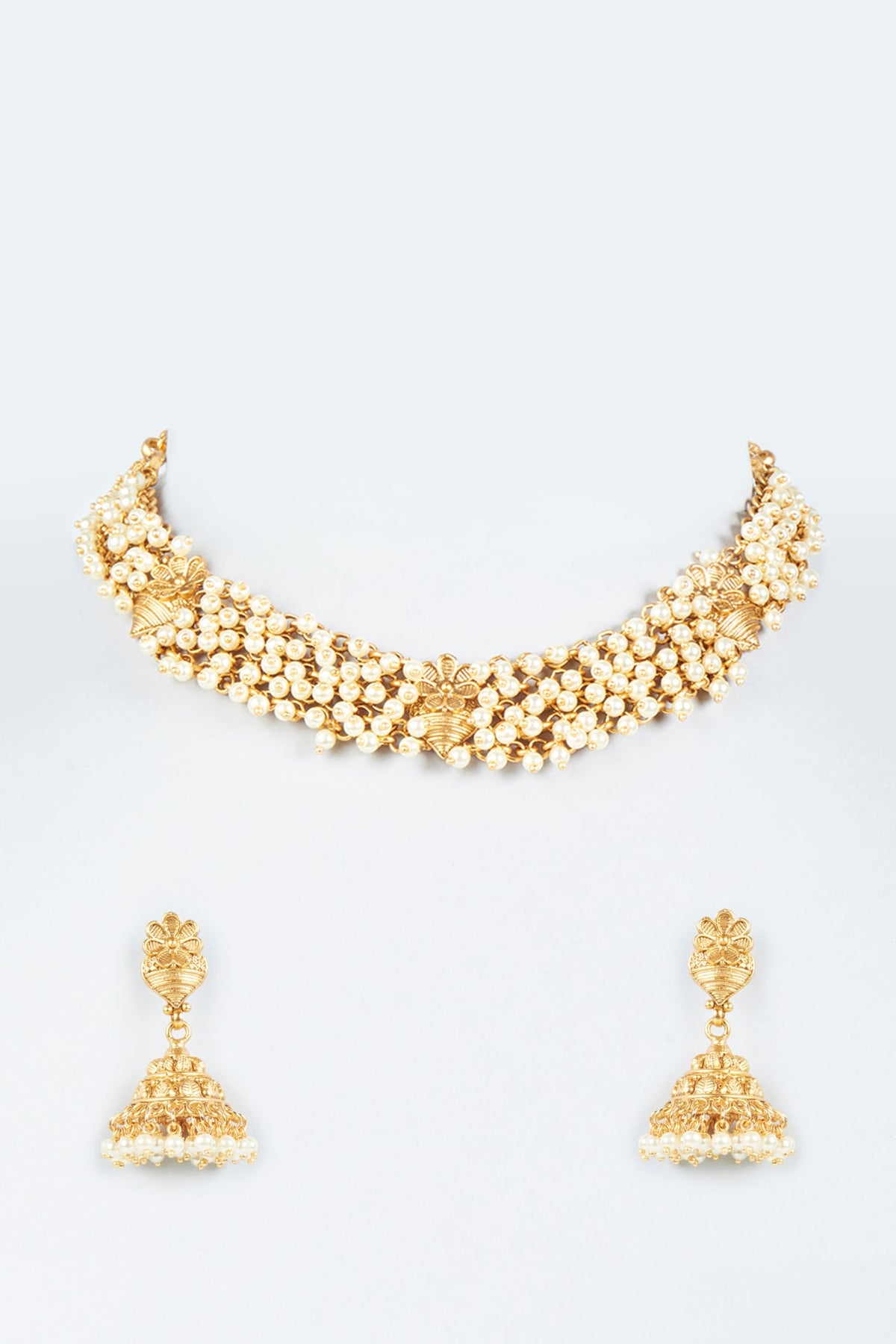 Gold Finish Pearl Temple Necklace Set