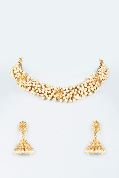 Gold Finish Pearl Temple Necklace Set