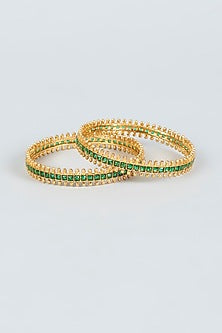 Gold Finish Synthetic Emerald Stone Bangles (Set of 2)