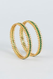 Gold Finish Synthetic Emerald Stone Bangles (Set of 2)