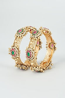 Gold Finish Kundan Polki & Multi-Colored Stone Temple Bangles (Set Of 2)