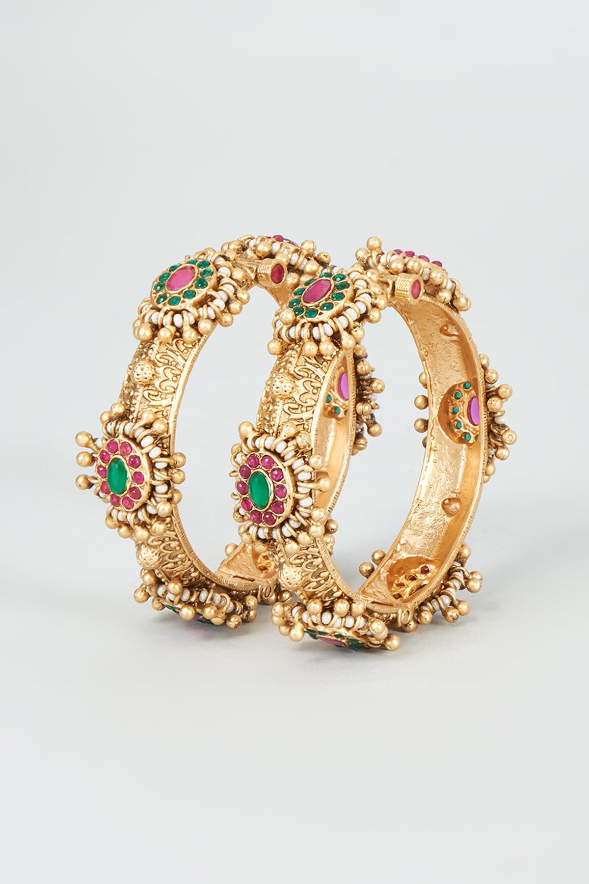 Gold Finish Kundan Polki & Multi-Colored Stone Temple Bangles (Set Of 2)