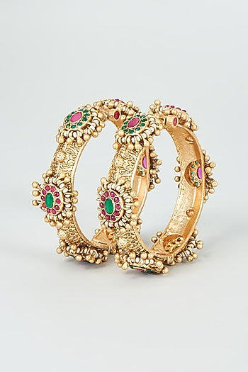 Gold Finish Kundan Polki & Multi-Colored Stone Temple Bangles (Set Of 2)