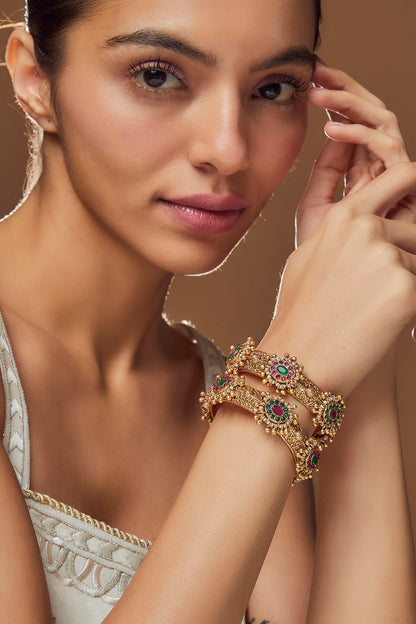 Gold Finish Kundan Polki & Multi-Colored Stone Temple Bangles (Set Of 2)